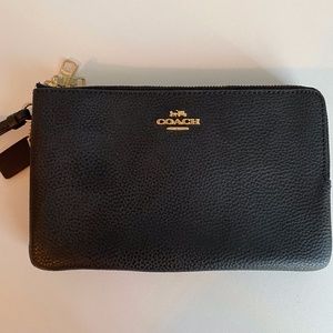 Coach Double Zip Black Pebble Leather Wristlet Wallet